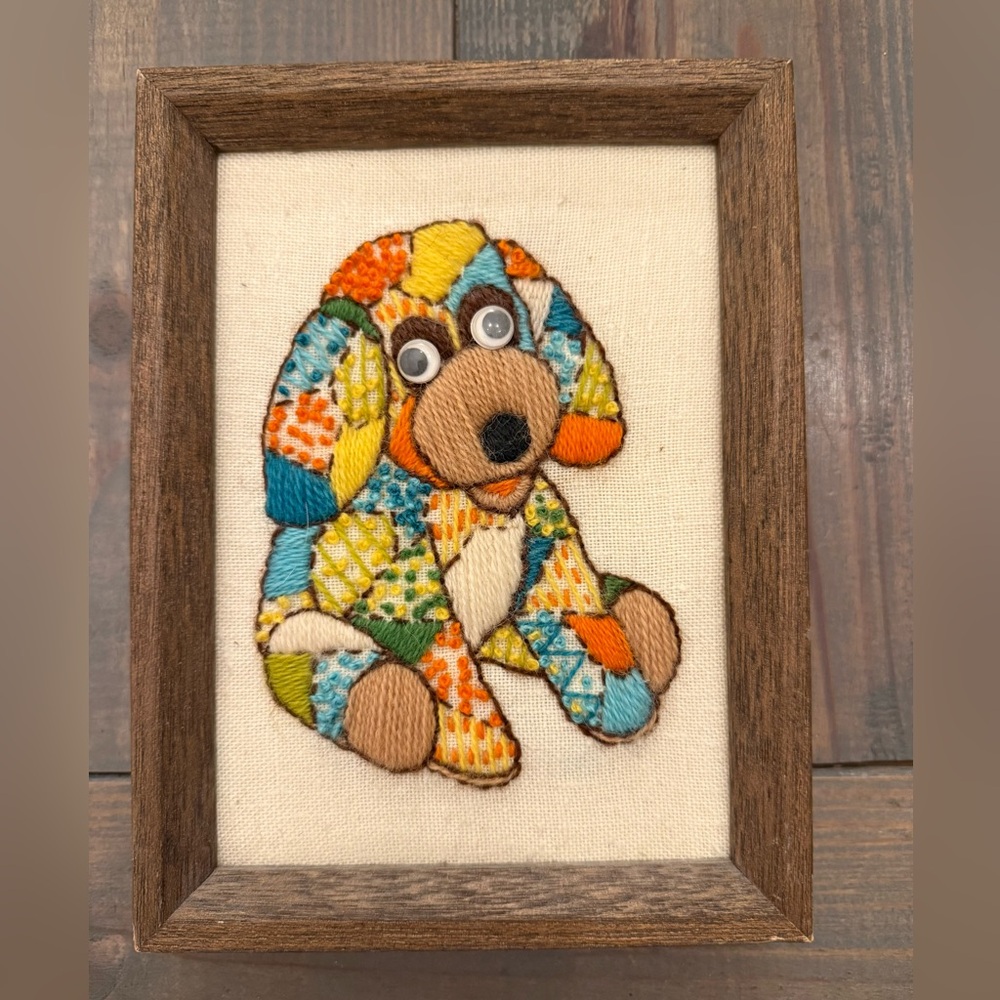 Vintage 1970's Framed Needle Point Dog Puppy Handmade Retro Cross Stitch 8" x 6"